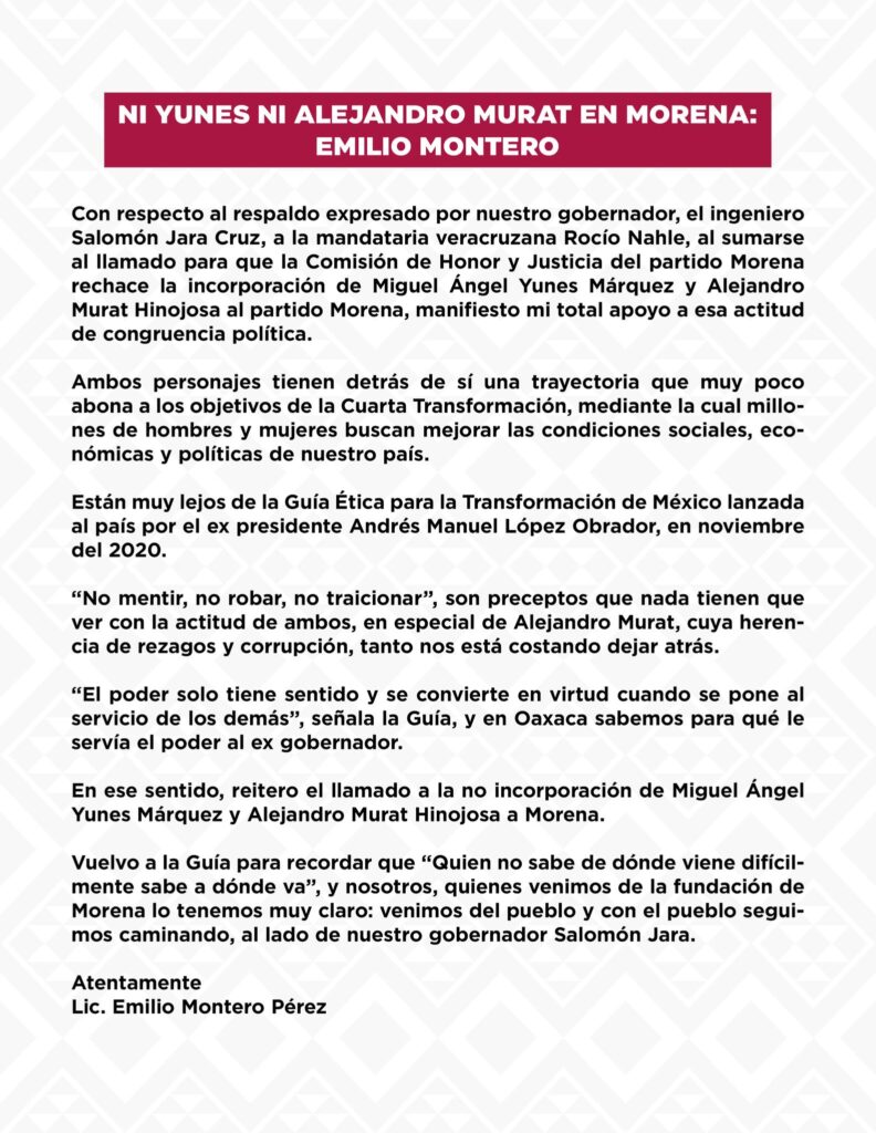 NI YUNES NI ALEJANDRO MURAT EN MORENA: EMILIO MONTERO