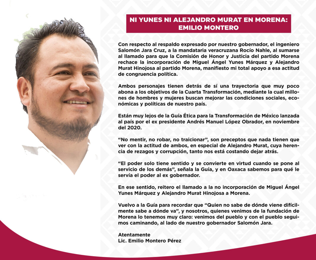 NI YUNES NI ALEJANDRO MURAT EN MORENA: EMILIO MONTERO